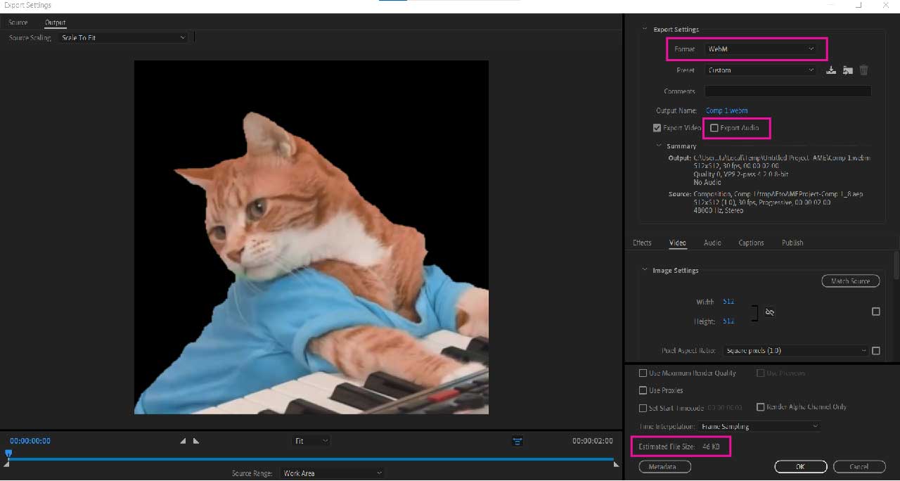 تنظیمات رندر در Adobe Media Encoder برای ساخت استیکر ویدیویی تلگرام